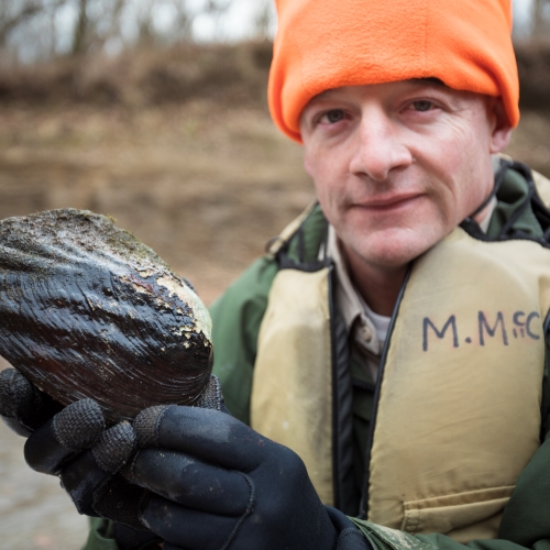 biologist with mussel